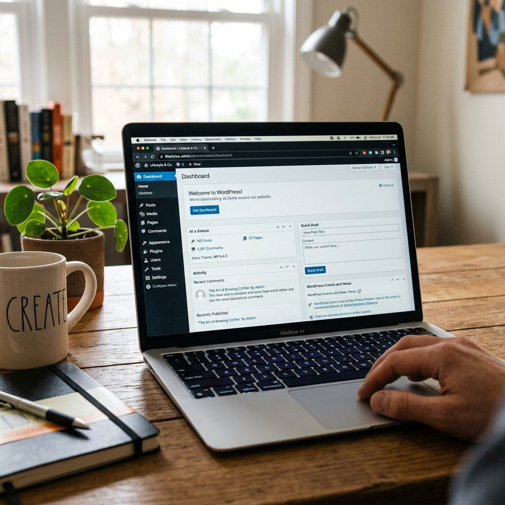 Laptop displaying WordPress dashboard with user hand on trackpad